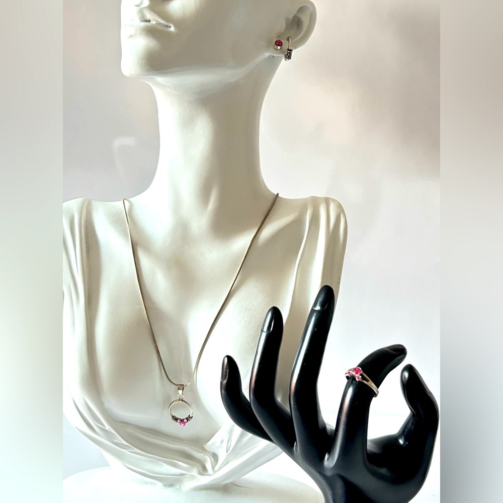 Set of sterling silver necklace, ring and earrings pink rhinestones